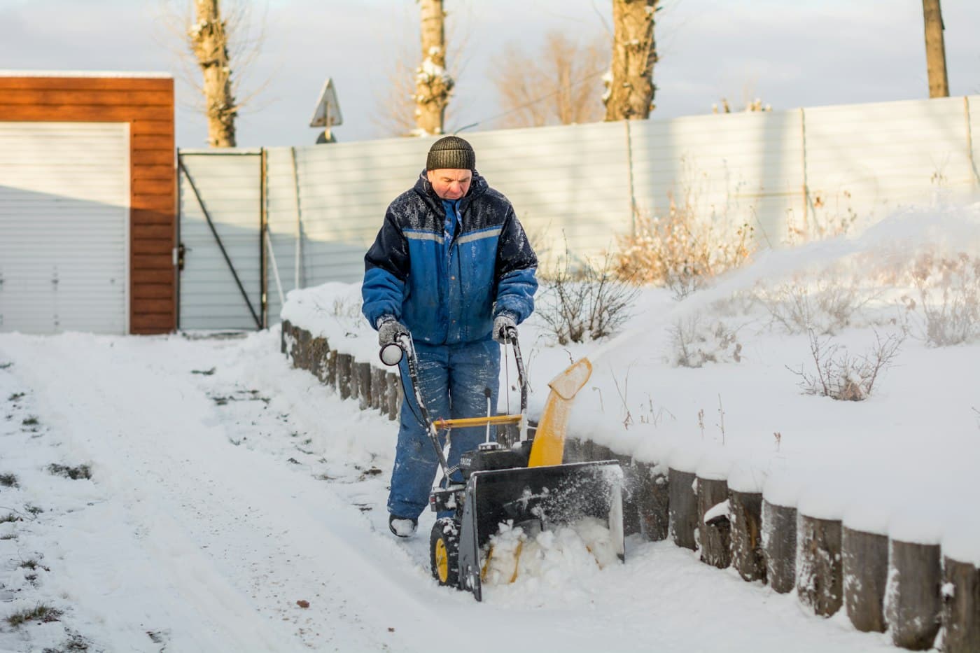 BEISPIEL-FOTO: Mann räumt mit einer Schneefräse einen verschneiten Weg